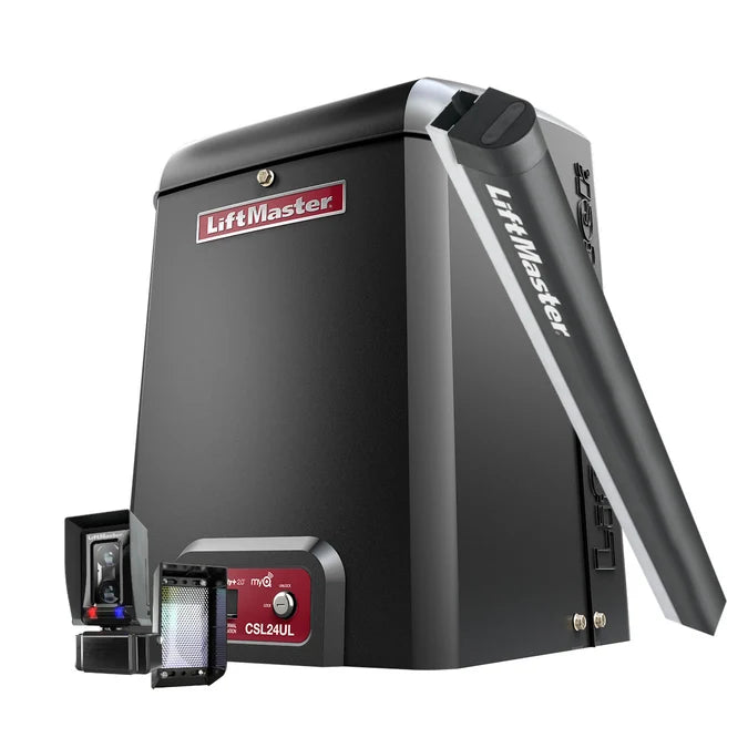 Garage door opener with accessories on a white background, featuring the LiftMaster brand.