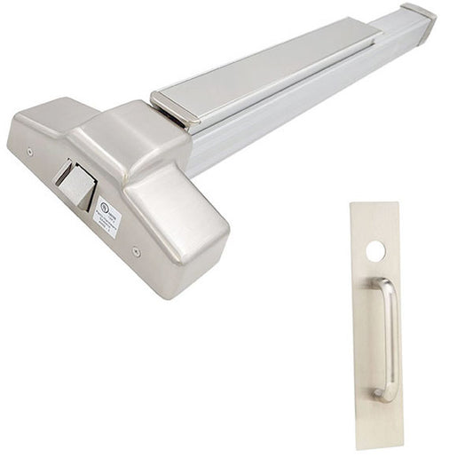 Heavy-duty Grade 1 crash bar 3 foot rim exit device with motorized latch retraction, night latch trim and Schlage cylinder in satin stainless steel